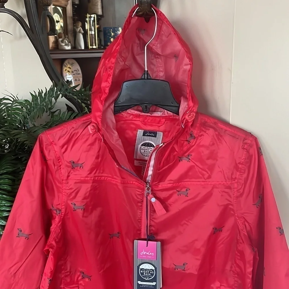 Brand New Joules Waterproof Breathable Rain Coat Zippered Jacket Red Dogs Hood